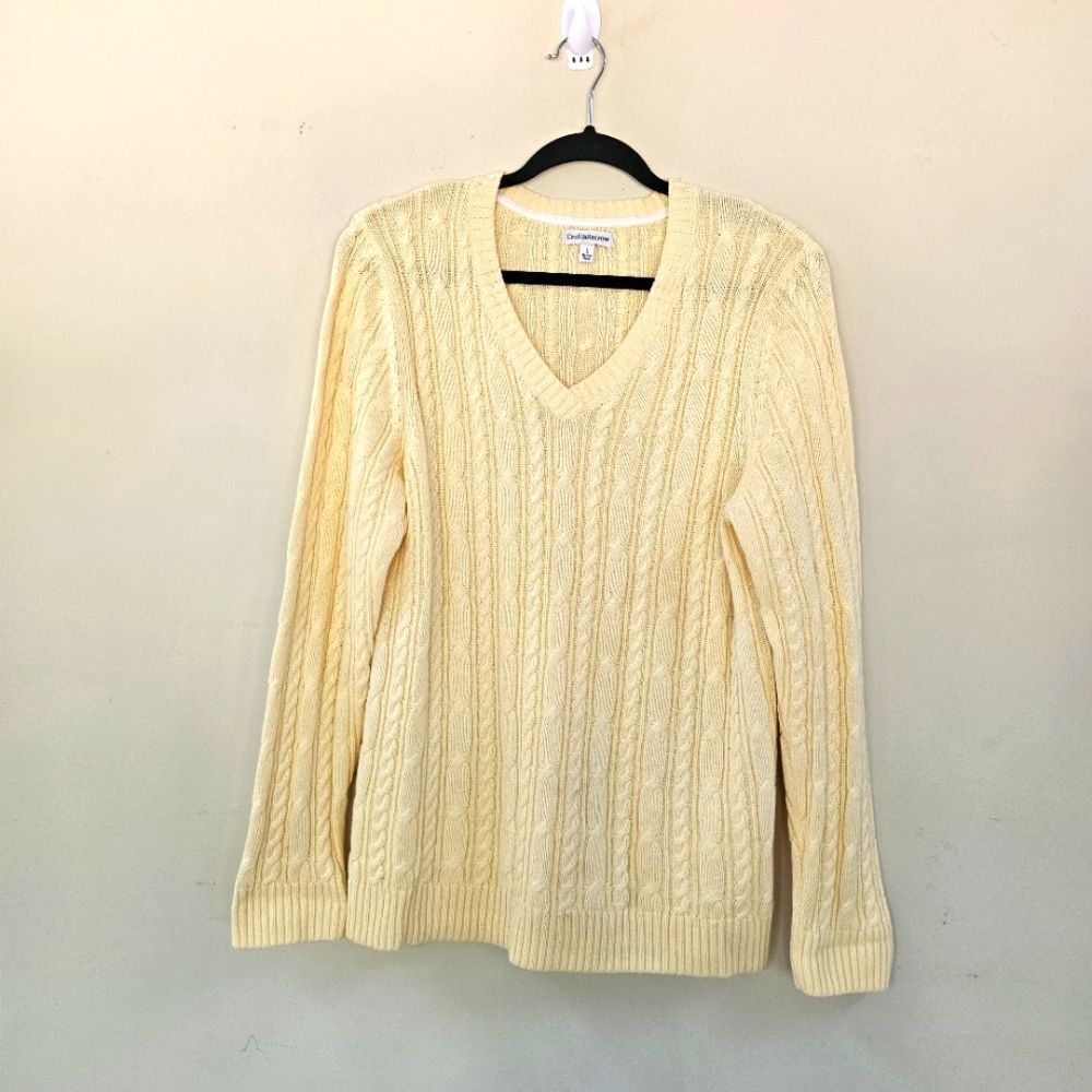Croft & Barrow Women Size L Yellow V-Neck Cable Knit Sweater Tennis Preppy